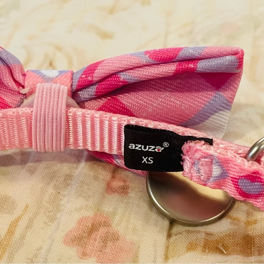 Azuza XS Extra Small Dog Collar With Bow Tie, Lovely Pink & Purple Heart Pattern